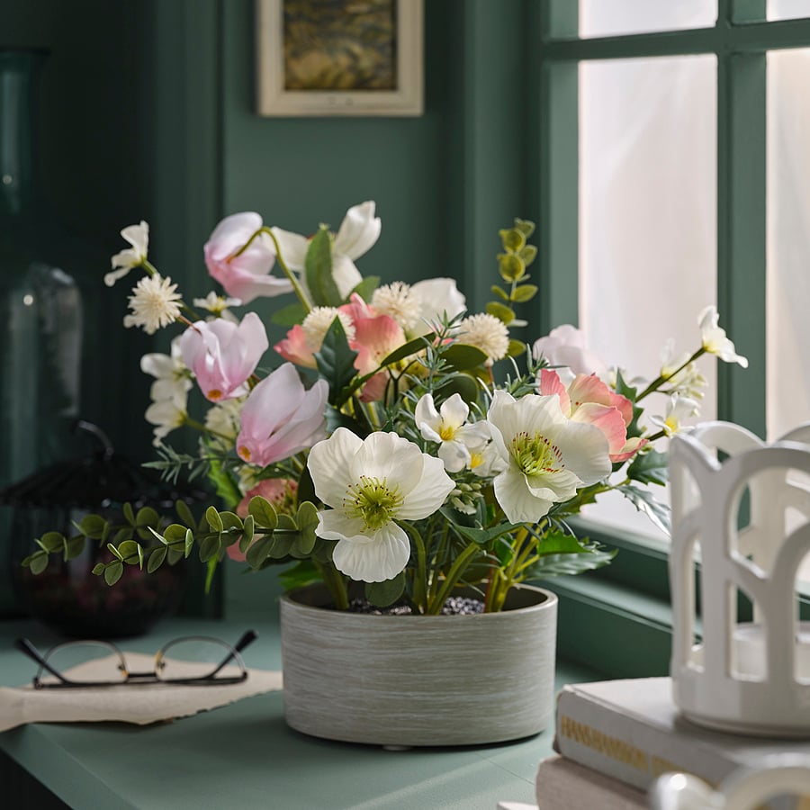 FEJKA artificial flower arrangement, in/outdoor pink/white, 15 cm