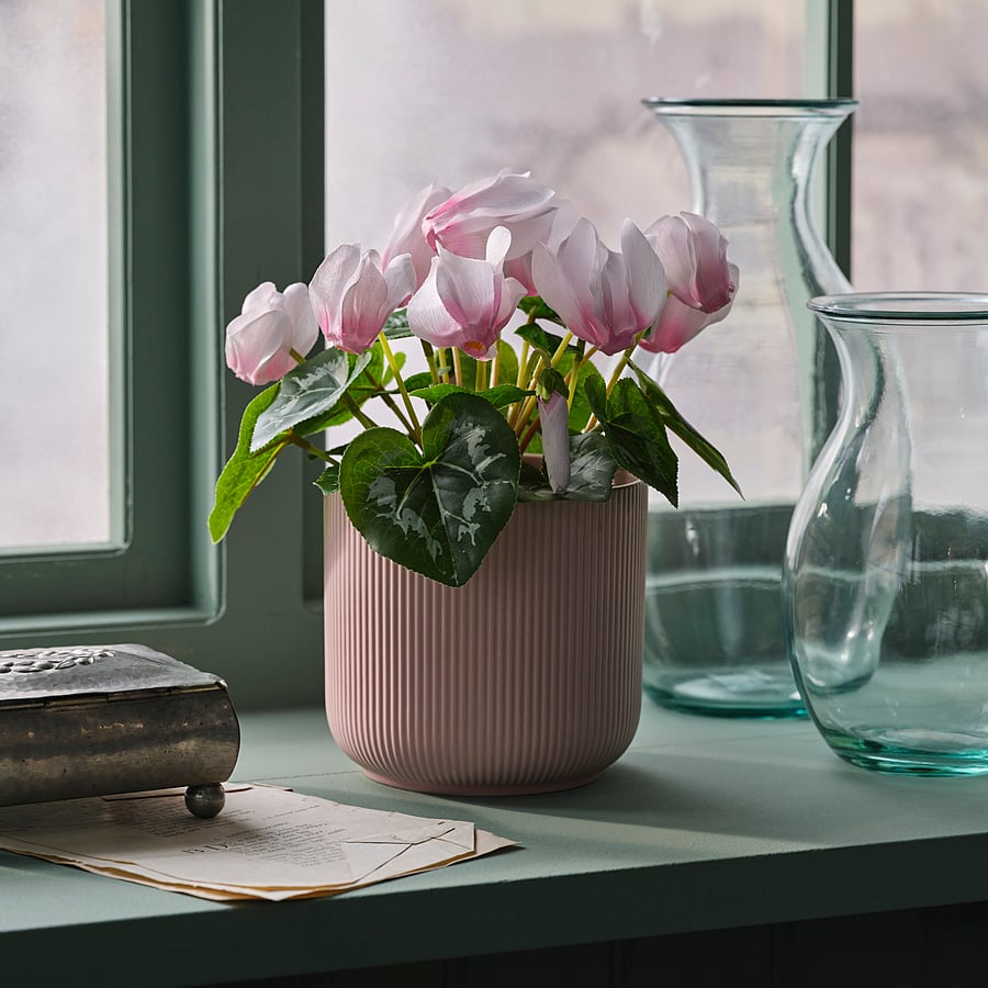 FEJKA artificial potted plant, in/outdoor Alpine violet/light pink, 12 cm