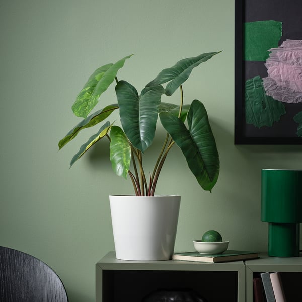 FEJKA artificial potted plant, in/outdoor Philodendron/green/white, 15 cm