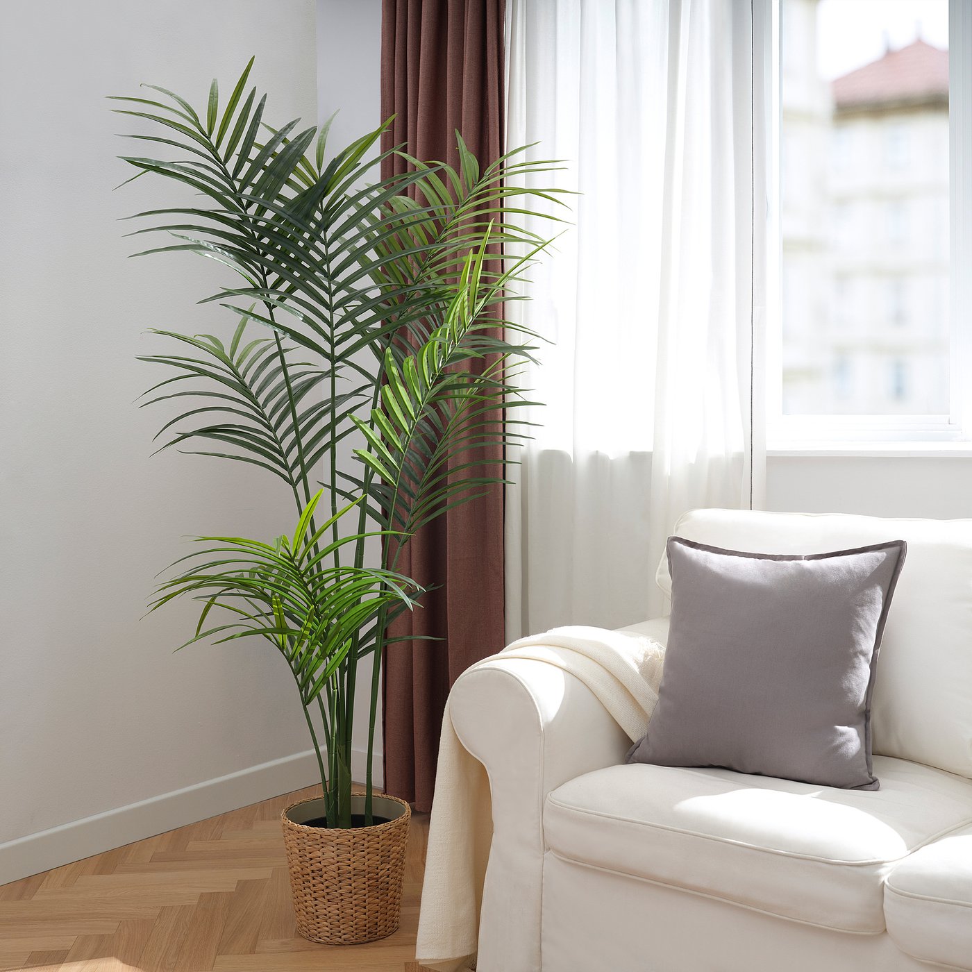 FEJKA artificial potted plant, in/outdoor/Kentia palm, 21 cm