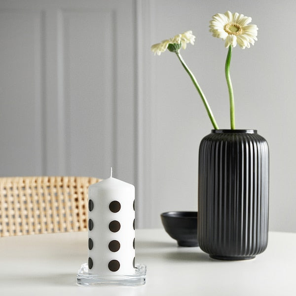 FENOMEN - Fragrance-free candle, polka dot/black white,14 cm