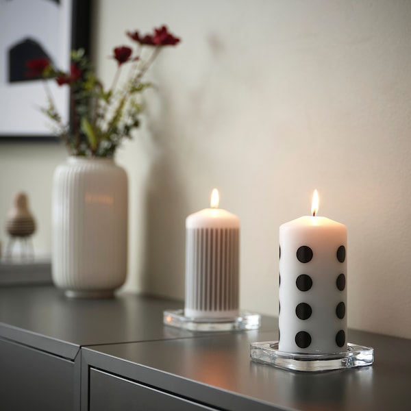 FENOMEN - Unscented pillar candle, dotted/black white, 14 cm