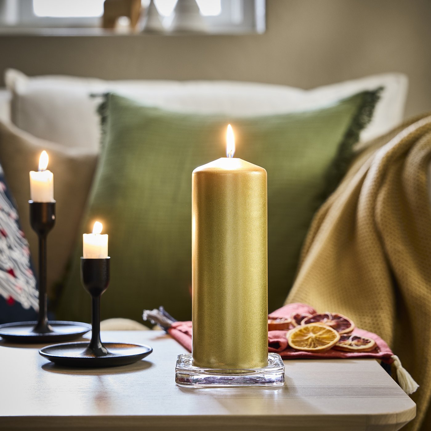 FENOMEN unscented pillar candle, gold-colour, 19 cm
