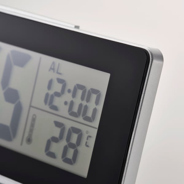 FILMIS clock/thermometer/alarm, black, 16.5x9 cm