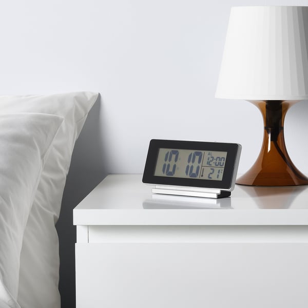 FILMIS clock/thermometer/alarm, black, 16.5x9 cm