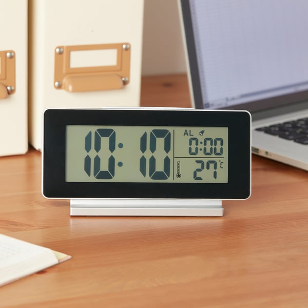 FILMIS clock/thermometer/alarm, black, 16.5x9 cm
