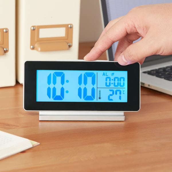 FILMIS clock/thermometer/alarm, black, 16.5x9 cm