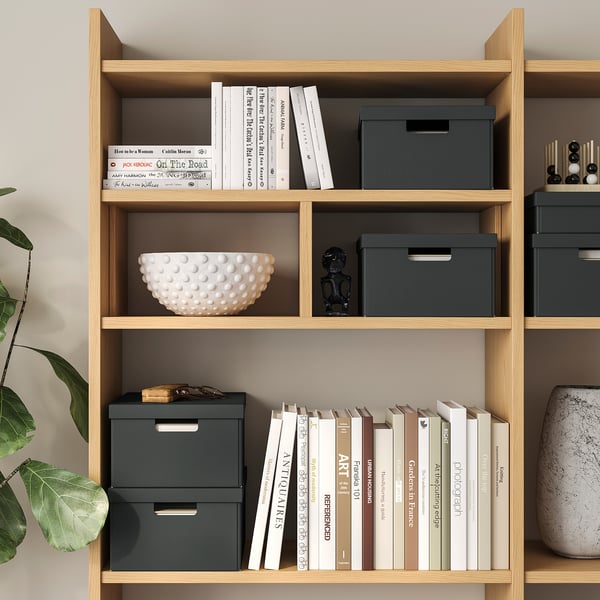 FJÄDERHARV storage box with lid, anthracite, 25x35x16 cm