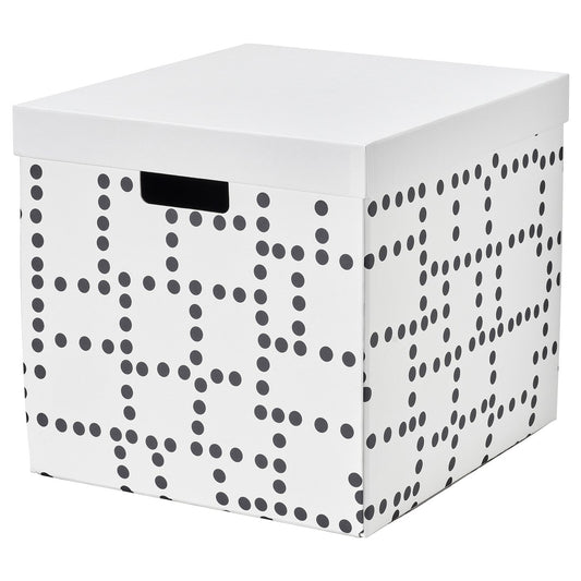 FJÄDERHARV storage box with lid, white/dotted, 32x35x31 cm