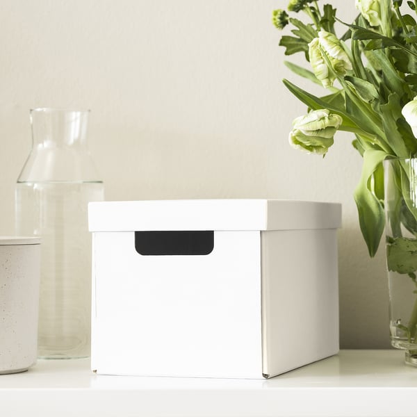 FJÄDERHARV storage box with lid, white, 18x25x16 cm