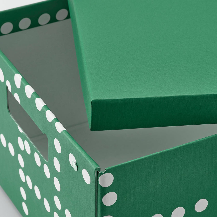 FJÄDERHARV storage box with lid, green/dotted, 25x35x16 cm