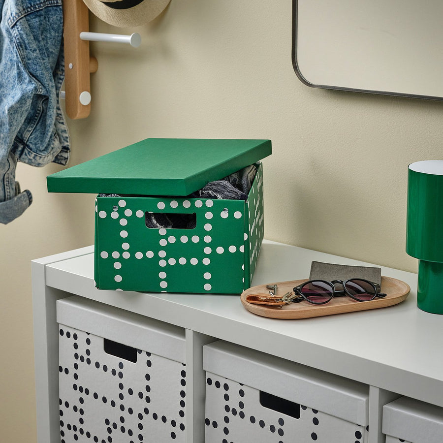 FJÄDERHARV storage box with lid, green/dotted, 25x35x16 cm