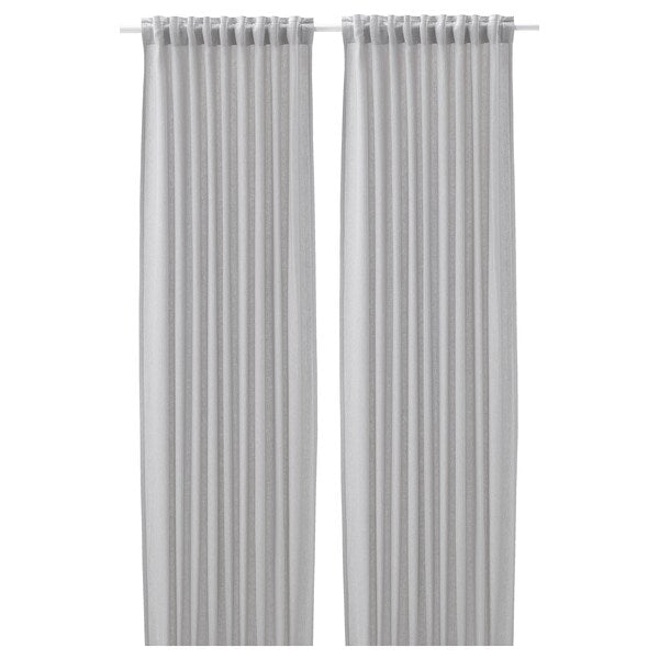FJÄDERMOTT curtains, 1 pair, white/grey/with heading tape, 145x300 cm