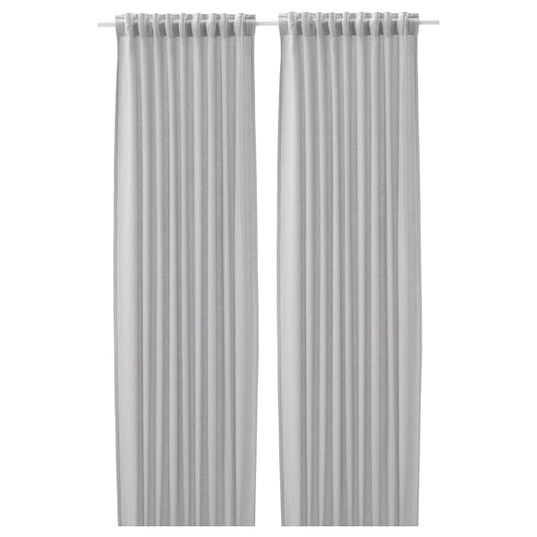 FJÄDERMOTT curtains, 1 pair, white/grey/with heading tape, 145x300 cm