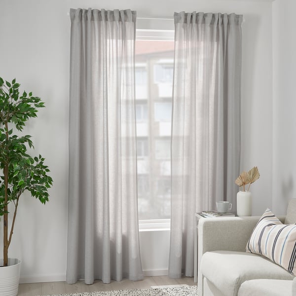FJÄDERMOTT curtains, 1 pair, white/grey/with heading tape, 145x300 cm