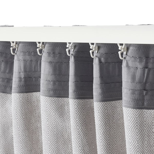 FJÄDERMOTT curtains, 1 pair, white/grey/with heading tape, 145x300 cm