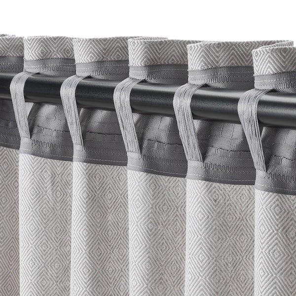 FJÄDERMOTT curtains, 1 pair, white/grey/with heading tape, 145x300 cm