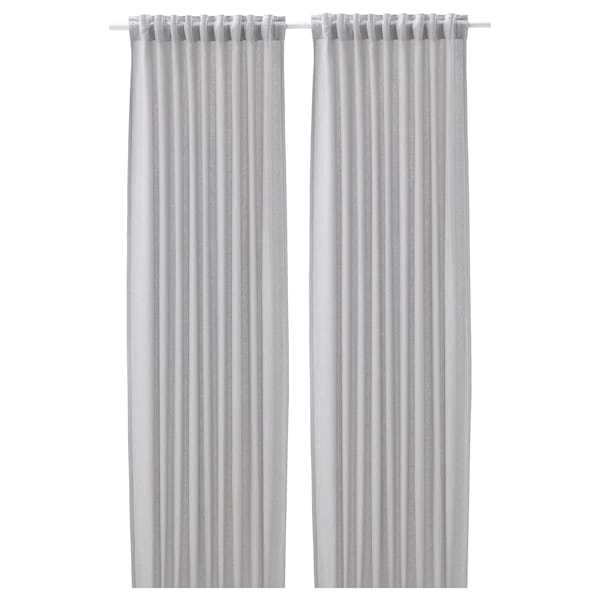 FJÄDERMOTT curtains, 1 pair, white/grey/with heading tape, 145x300 cm