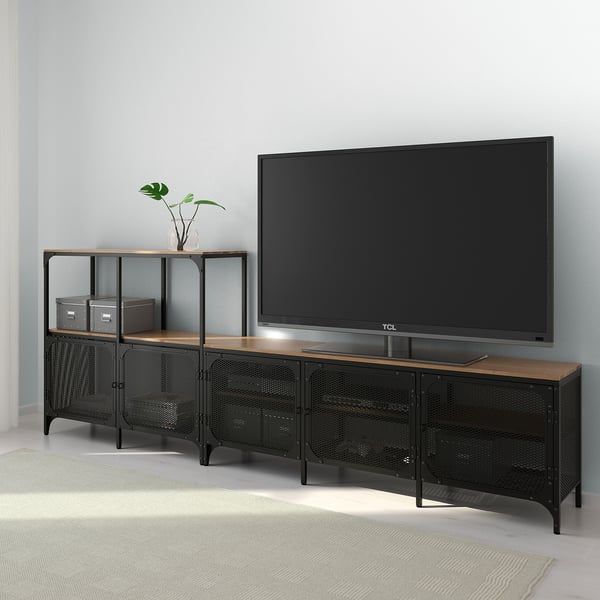 FJÄLLBO TV storage combination, black, 250x36x95 cm