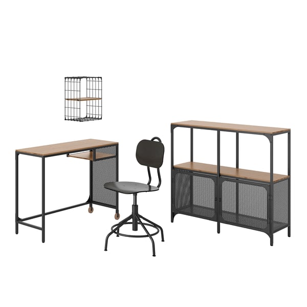 FJÄLLBO/KULLABERG / GULLHULT - Desk and storage combination, and swivel chair black/pine