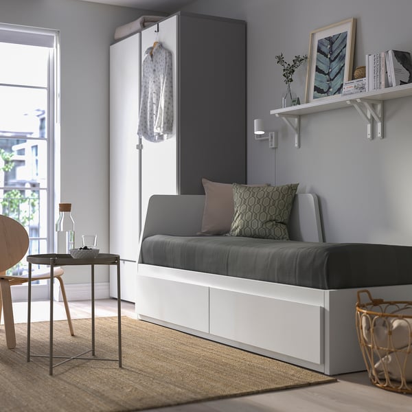 FLEKKE day-bed w 2 drawers/2 mattresses, white/Åfjäll medium firm, 80x200 cm