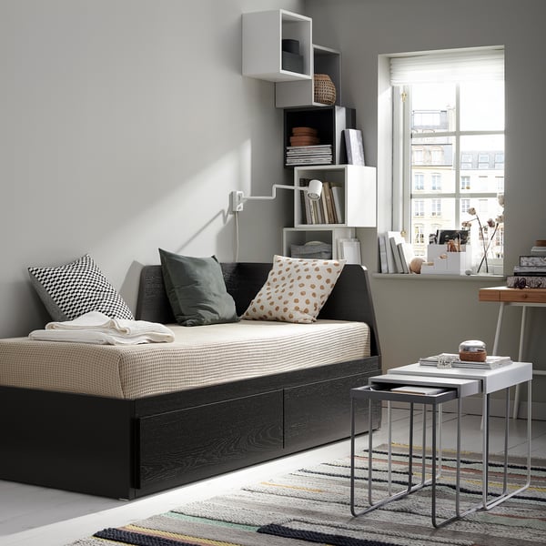 FLEKKE day-bed w 2 drawers/2 mattresses, black-brown/Åfjäll firm, 80x200 cm