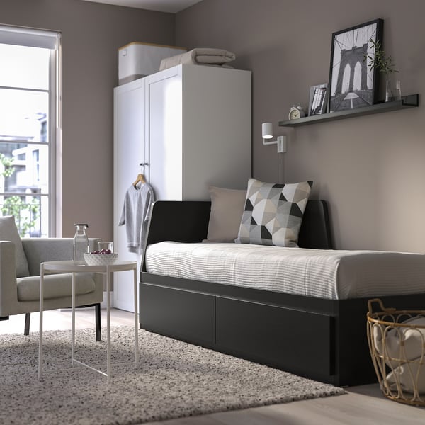 FLEKKE - Sofa bed/2 drawers/2 mattresses, brown-black/Åfjäll semi-rigid, ,