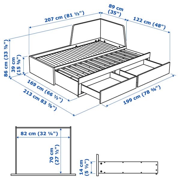 Ikea FLEKKE - Sofa bed/2 drawers/2 mattresses, brown-black/Vannareid extra-rigid, 80x200 cm