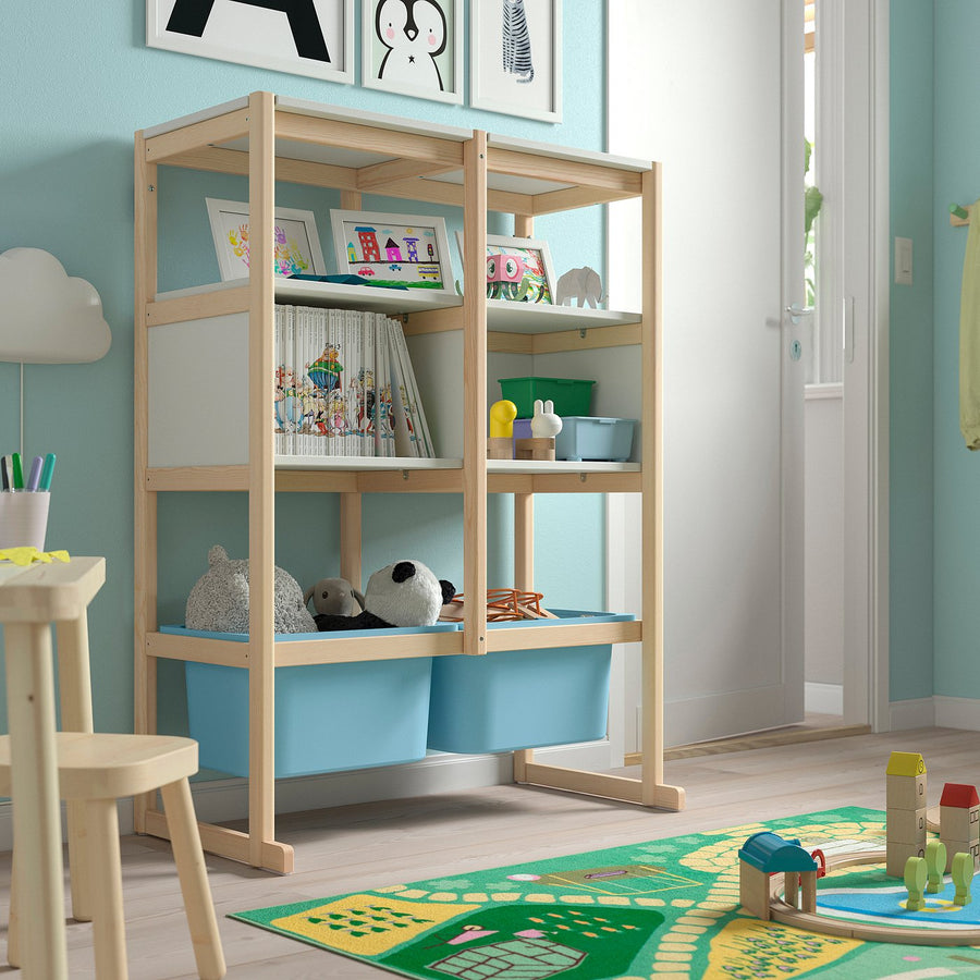 FLISAT open storage combination, light white stained pine white/light blue, 88x38x117 cm