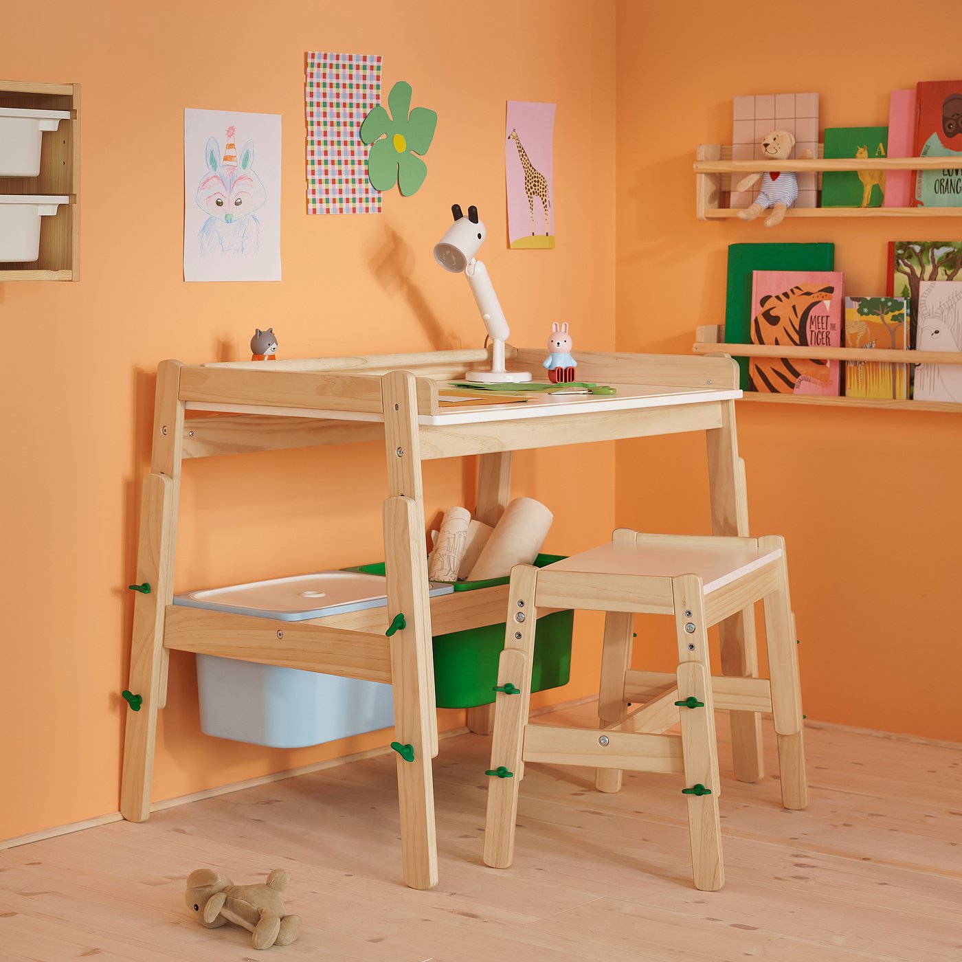 FLISAT children's bench, height adjustable/green, 48x47x36 cm