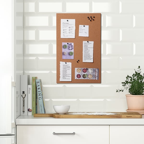FLÖNSA memo board with pins, cork, 52x33 cm