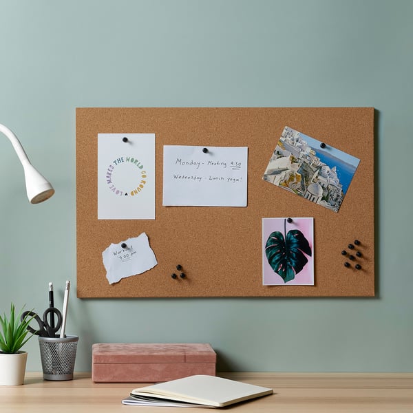 FLÖNSA memo board with pins, cork, 52x33 cm