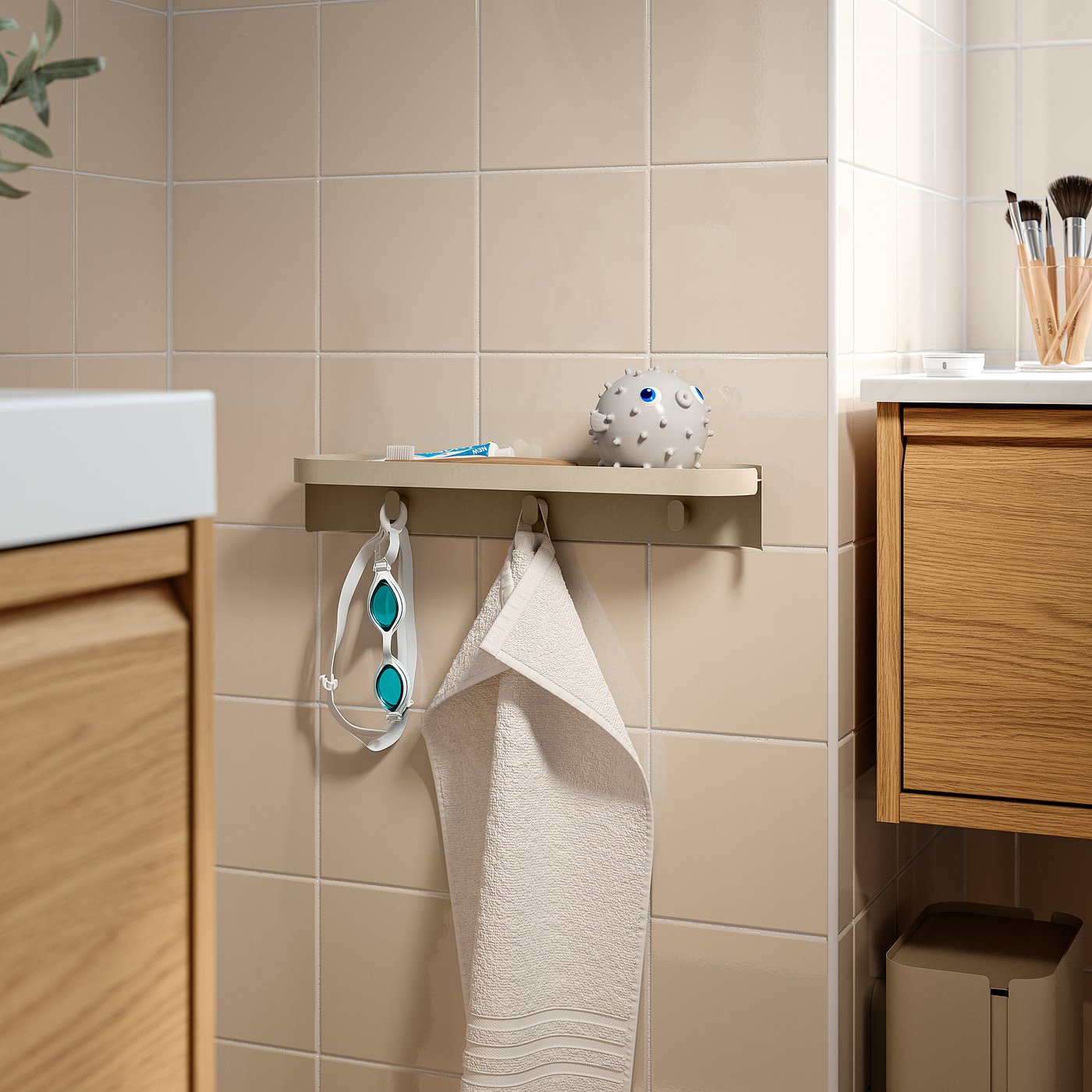 FLORSJÖN wall shelf with 3 hooks, beige, 40x7 cm