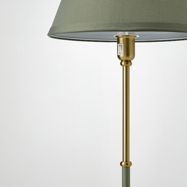 FLYGHÖJD - Floor lamp, brass/grey-green