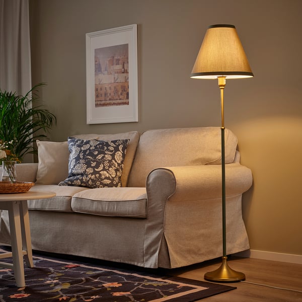 FLYGHÖJD - Floor lamp, brass/grey-green