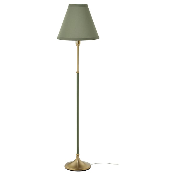 FLYGHÖJD - Floor lamp, brass/grey-green