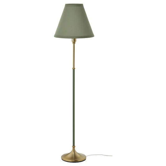 FLYGHÖJD - Floor lamp, brass/grey-green