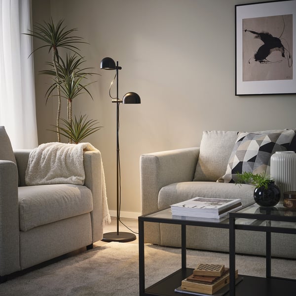 FOLKBÅT floor lamp with 2-spot, black, 28 cm