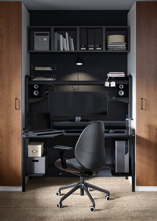 FREDDE gaming desk, black, 140/185x74x146 cm