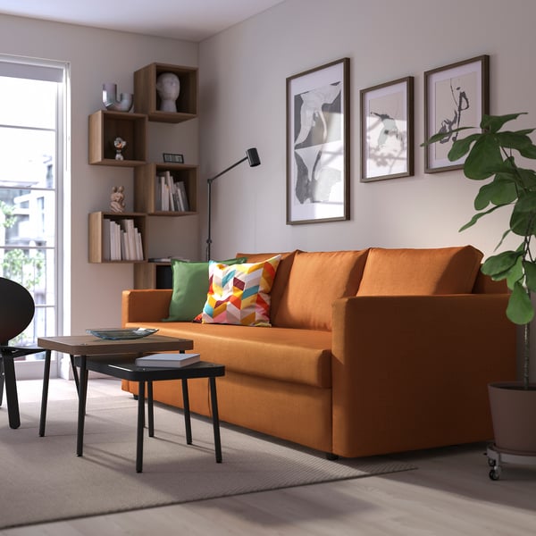FRIHETEN 3-seat sofa-bed, Faringe brown-orange, 199x225 cm