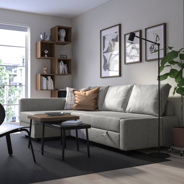 FRIHETEN - Corner sofa bed/container, Faringe light gray