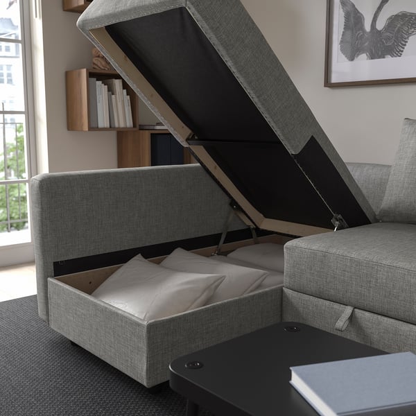 FRIHETEN - Corner sofa bed/container, Faringe light gray