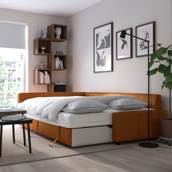 FRIHETEN / KLAGSHAMN corner sofa-bed with storage, Faringe brown-orange, 204x230 cm