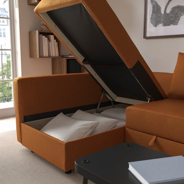 FRIHETEN / KLAGSHAMN corner sofa-bed with storage, Faringe brown-orange, 230 cm