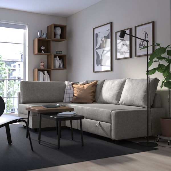 FRIHETEN / KLAGSHAMN corner sofa-bed with storage, Faringe light grey, 230 cm