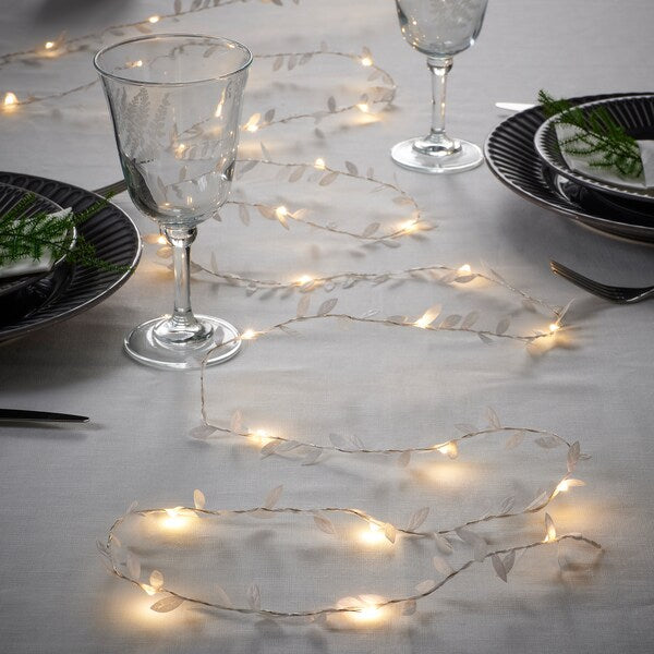 FRÖJDA - LED lighting chain with 40 lights, battery-operated leaf/white