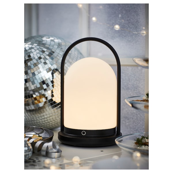 FRÖJDA - LED lantern, battery-operated outdoor/dimmable black, 28 cm