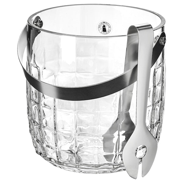 FRÖJDA - Ice bucket with tongs, clear glass/stainless steel