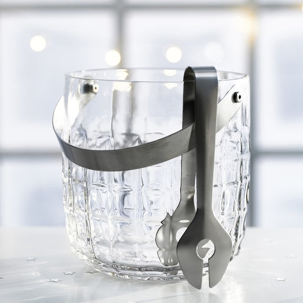 Ikea FRÖJDA - Ice bucket with tongs, clear glass/stainless steel