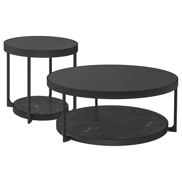 FRÖTORP - Set of 2 side tables, anthracite marble effect/black glass
